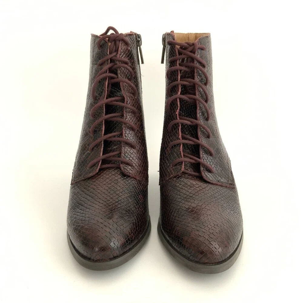 Lucky Brand Leather Persee Snake Print Lace Up Boots Burgundy 6.5